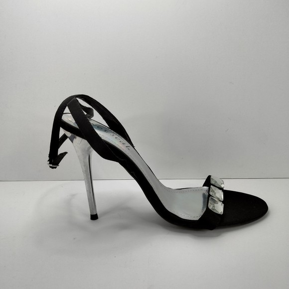 WET SEAL Sandals Ankle Strap Black Satin & Diamonds Silver 4.5" Stilettos Sz 9 - Picture 14 of 14